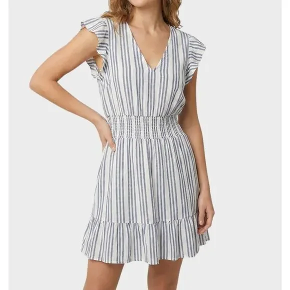 Rails Tara Blue Catalina L Dress Blue White Striped Flutter Sleeve Ruffle Rayon - Picture 3 of 11